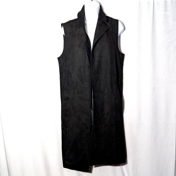 JOAN VASS Black duster VEST CARDIGAN Sz MEDIUM OVERCOAT Faux suede STUNNING - Picture 1 of 7